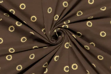 Uitverkoop - Tricot stof - zonnebloemen - bruin - 21824-058