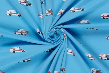 Stoffen uitverkoop - Tricot stof - ambulances - aqua - 21862-004
