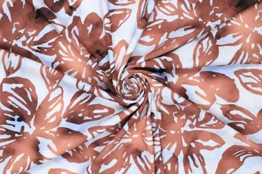 Nicky velours stof - taupe - 3081-026 - Viscose stof - stretch - digitaal bloemen - bruin - 22029-110