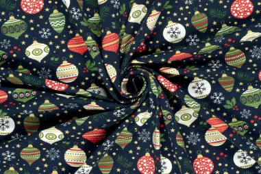 Kerst stoffen - Kerststof - tricot - kerstballen - donkerblauw - 22708-008
