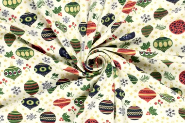 Stoffen kerst motief - Kerststof - tricot - kerstballen - gebroken wit - 22708-051