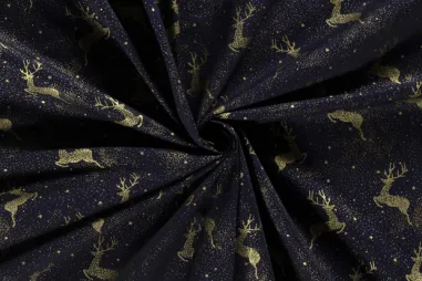 Poplin katoen stoffen - Kerststof - katoen poplin - folie rendieren - donkerblauw - 20707-008