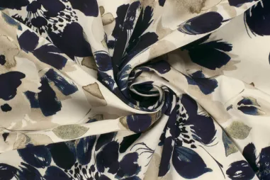 Stretch stof - Satin stretch - kobalt - 0748-650 - Viscose stof - satijn - bloemen - blauw - 31/24081-054