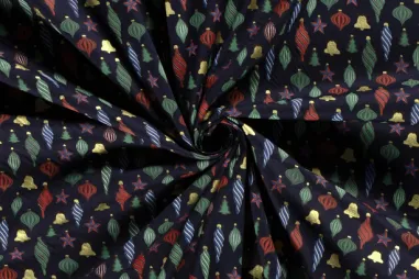 Kerst stoffen - Kerststof - katoen poplin - folie kerstballen - donkerblauw - 20730-008
