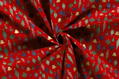 Kerststoffen - Kerststof - katoen poplin - folie kerstballen - rood - 20730-015