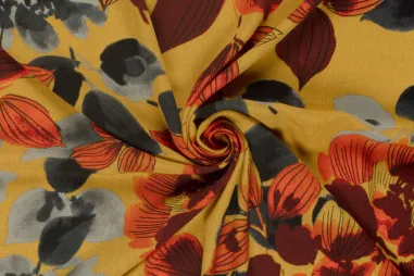 Stretch stof - Satin stretch - oker - 0748-570 - Viscose stof - borken crepe - bloemen - geel - 24096-034