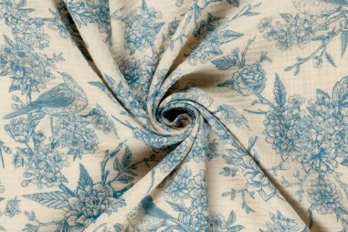 Stretch stof - Satin stretch - donkerblauw - 0748-600 - Hydrofiel stof - bloemen en vogels - blauw - 23266-005