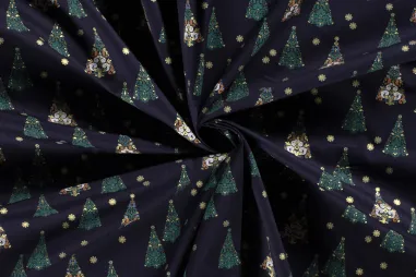 Kerst stoffen - Kerststof - katoen poplin - folie kerstbomen - donkerblauw - 20742-008