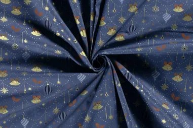 Kerst stoffen - Kerststof - katoen poplin - folie kerstballen, kerstklokken & kerststerren - blauw - 20749-007