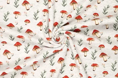 Stoffe - Jogging – Alphenfleece – digitale Pilze – hellgrau meliert – 22381-020