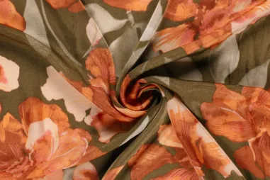 Kaki groene stoffen - Polyester stof - satijn velvet - bloemen - kakigroen - 24025-027