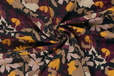 Katoenen tricot stoffen - Tricot stof - punta di roma - fantasie bloemen - zwart - 24053-069