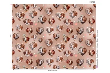 Paarden stoffen - Tricot stof - French Terry - digitaal paarden hartjes - bruin wit - 26027