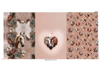 Paarden stoffen - Paneel stof - tricot French Terry - digitaal paarden hartjes - bruin wit - 26026