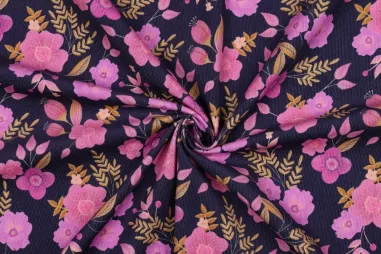 145gr/M² - Ribcord stof - babycord - digitaal bloemen - donkerblauw - 5594-003