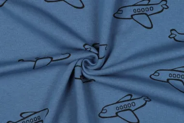 Vliegtuig stoffen - Joggingstof - vliegtuigen - blauw - 5653-084