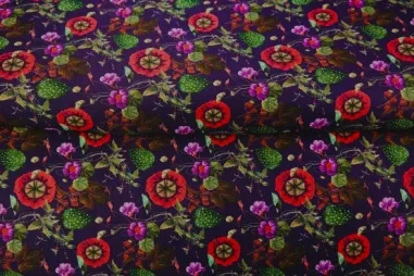 95% viscose, 5% elastan stoffen - Tricot stof - digitaal bloemen - paars multi - 26807-14VI