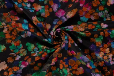 Katoenen tricot stoffen - Tricot stof - discharge - bloemblaadjes - zwart - 24111-069