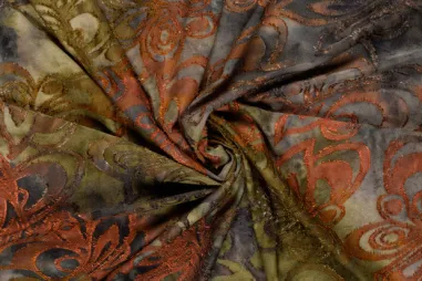 Kaki groene stoffen - Stretch stof - jaquard tie dye - bloemen - kaki multi - 24128-025