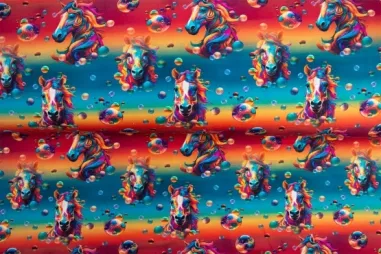 Paarden stoffen - Tricot stof - French Terry - digitaal fantasie paard - rood blauw - 26024