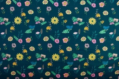 Bloemen Tricot - Tricot stof - French Terry - digitaal bloemen - petrol - 26558-15