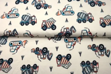 Voertuigen motief stoffen - Tricot stof - French Terry - digitaal werkvoertuigen - wit - 26539-02