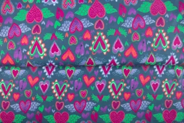 Stenzo Tricot stoffen - Tricot stof - French Terry - digitaal hartjes - oud blauw - 26542-15