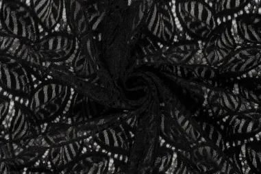 Avondkleding stoffen - Spitzenstoff – Chenille – Blätter – schwarz – 24159-069