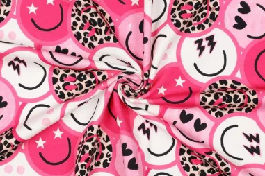 Tricot stoffen - Tricot stof - French Terry - digitaal happy faces - roze - 5478-001