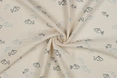 Babydeken stoffen - Hydrofiel stof - biologisch - vissen - naturel - 6634-001