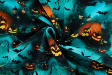 Turquoise stoffen - Tricot stof - French Terry - halloween pompoenen en vleermuizen - turquoise - 60094-260
