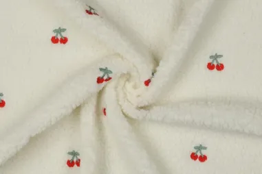 Najaar stoffen - Teddy stof - geborduurd kersen - ecru - 3998-001