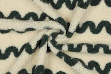 Teddy stoffen - Teddy stof - jacquard - waves - ecru / legergroen - 5659-003