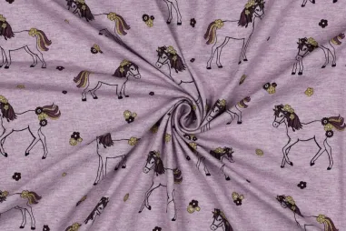 Paarden stoffen - Tricot stof - melange - paarden - glitter - paars - 5697-011