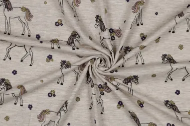 Sandbeige - Tricot stof - melange - paarden - glitter - zand - 5697-037