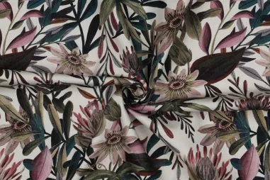 Katoen stof - poplin lakenkatoen - gebroken wit - 3121-051 - Canvas stof - digitaal bloemen - gebroken wit - 5731-002