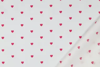 Brandvertragende stof - tule - wit - 1024-001 - Katoen stof - poplin - hartjes - wit / fuchsia - 6120-006
