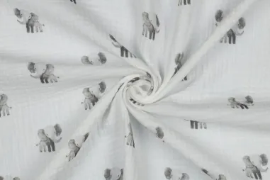 Tricot stof - digitaal safari dieren - gebroken wit - 25229-02 - Hydrofiel stof - biologisch - digitaal olifanten - wit - 6154-002