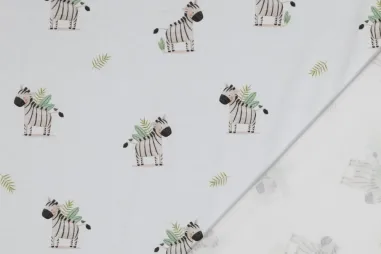 Kinderprint stoffen - Tricot stof - biologisch - digitaal zebra's - wit - 6399-031