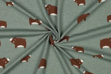 Dierenmotief stoffen - Tricot stof - beren - melange - donkermint - 6516-017