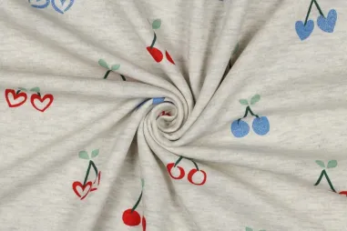 Fruit stoffen - Sweattricot - melange & glitter - kersen - ecru - 6519-001