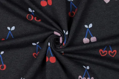 Rekbare stoffen - Sweattricot - melange & glitter - kersen - donkerblauw - 6519-005