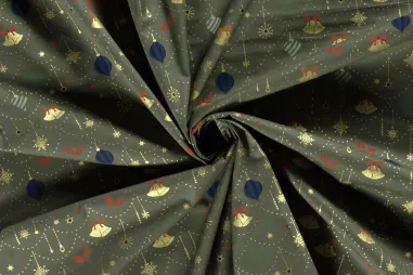 Kerst stoffen - Kerststof - katoen poplin - folie kerstballen, kerstklokken & kerststerren - groen - 20749-027