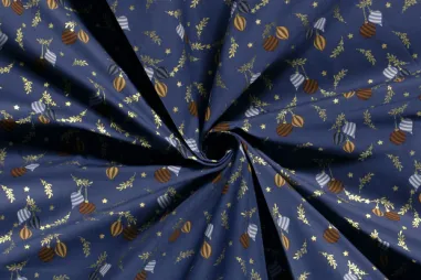 Kerst stoffen - Kerststof - katoen poplin - folie kerstballen, kersttakjes en kerststerren - blauw - 20753-007