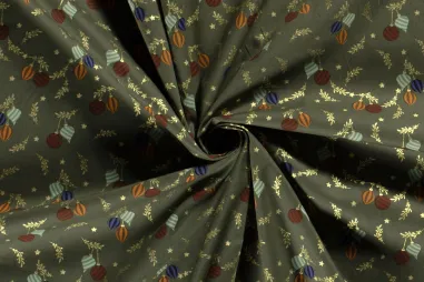 Weihnachten - Kerststof - katoen poplin - folie kerstballen, kersttakjes en kerststerren - groen - 20753-027