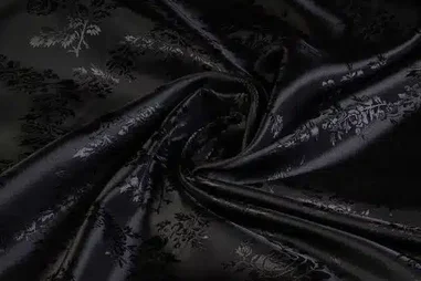 Satin - Satijn stof - jacquard - rozen - zwart - 5999-10