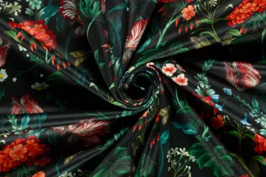 Kunstleer stof - crocolino stretch leather - zwart - 0845-999 - Fluweel stof - digitaal bloemen - zwart - 1912-069