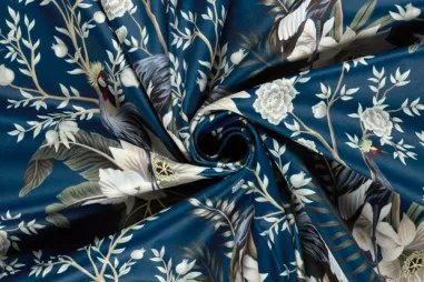 Mantelstoff - Fluweel stof - digitaal bloemen en vogels - blauw - 1913-008