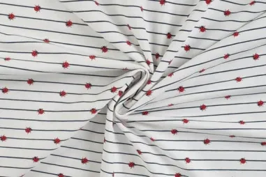 Gestreepte stoffen - Tricot stof - lieveheersbeestjes - rood - 10345-150