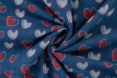 Fleece stof - turquoise - 9111-004 - Spijkerstof - denim - jacquard - hartjes - blauw - 48133-960